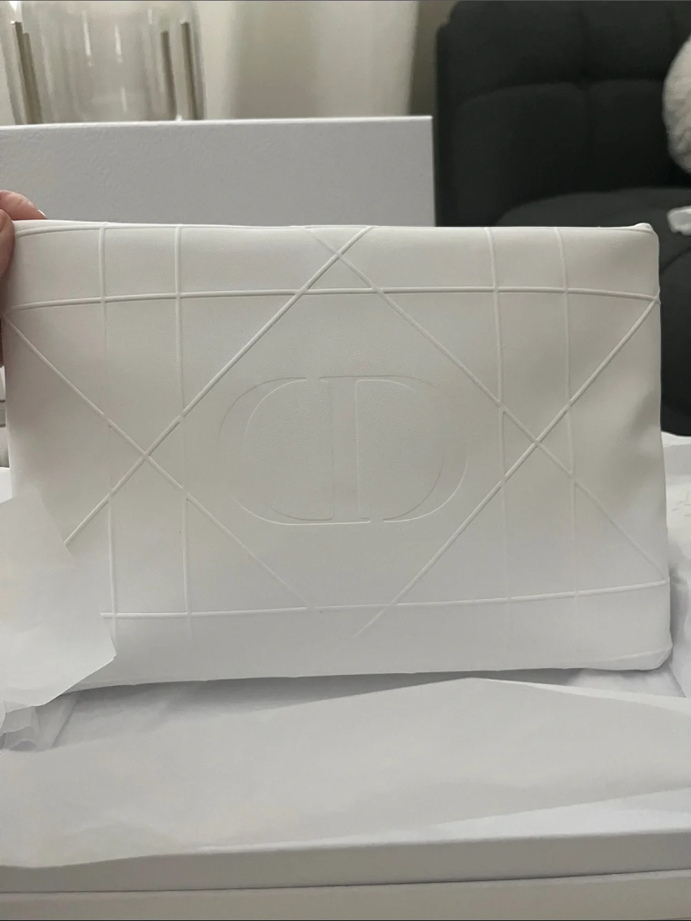 Dior White Quilted Embossed CD Clutch Pouch